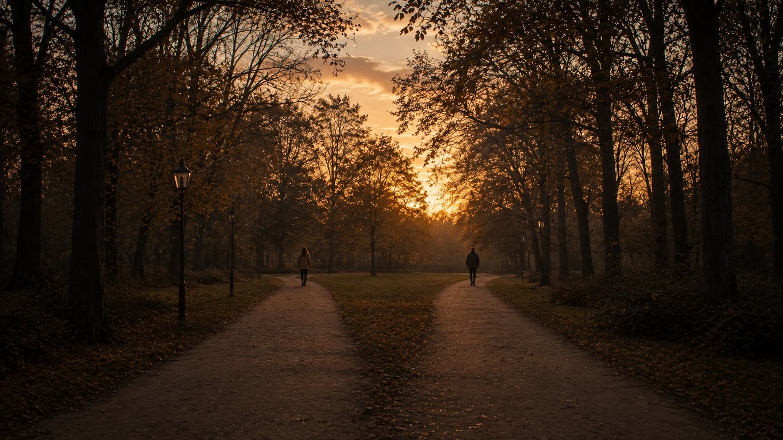 Two people following separate paths through a sunlit park